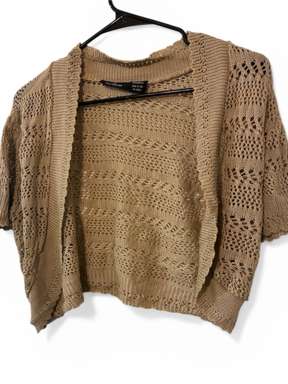 Nina Leonard Open-Knit Short Sleeve Cardigan - Beige/Tan